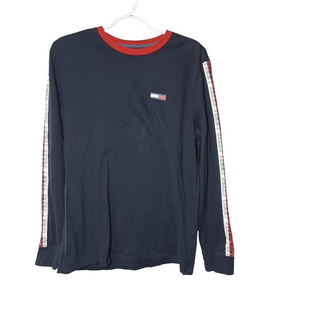 Tommy Jeans Hilfiger Men's M Long Sleeve Black Crewneck Red Ribbed Collar Shirt